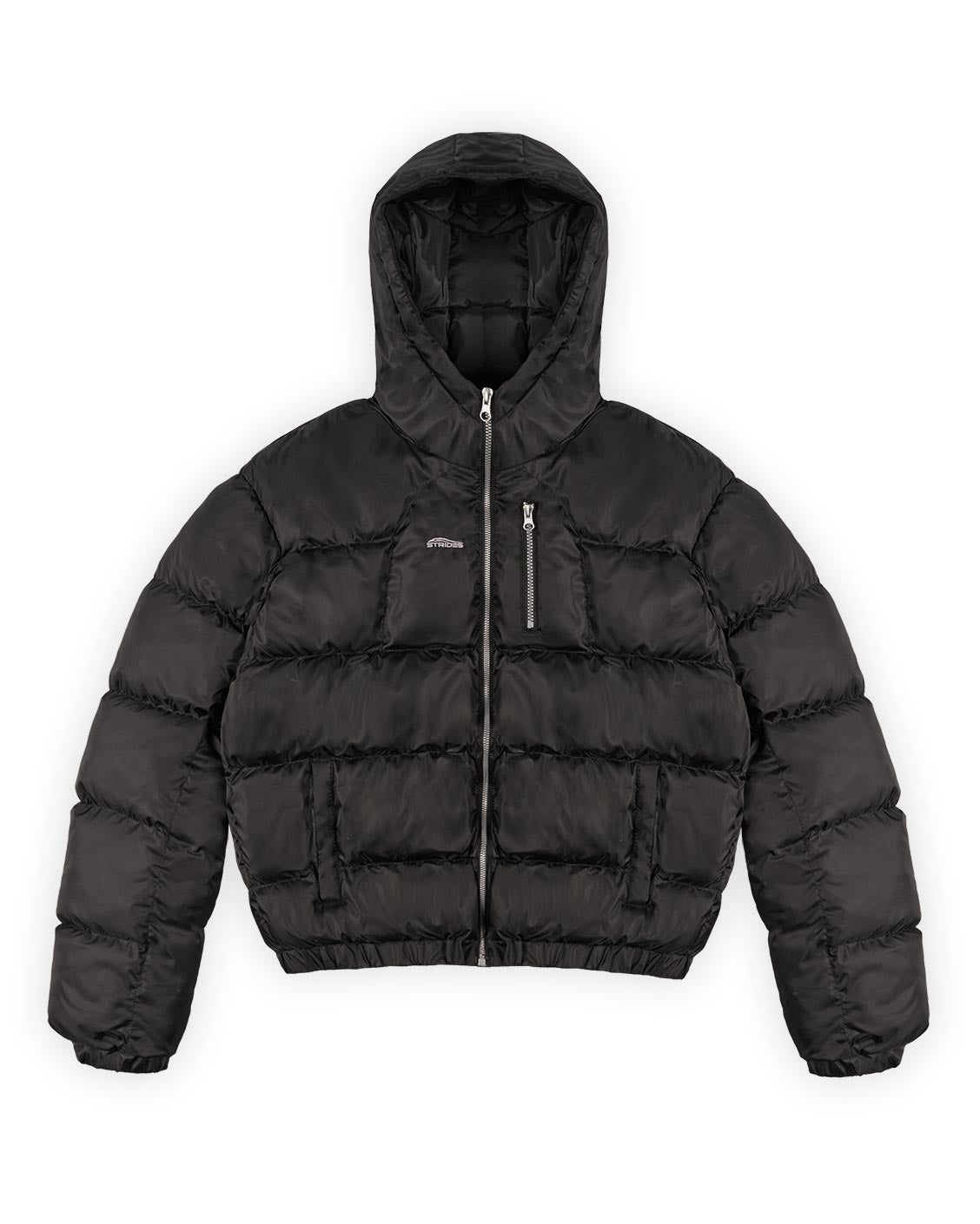 Black puffer jacket with a hood on a white background