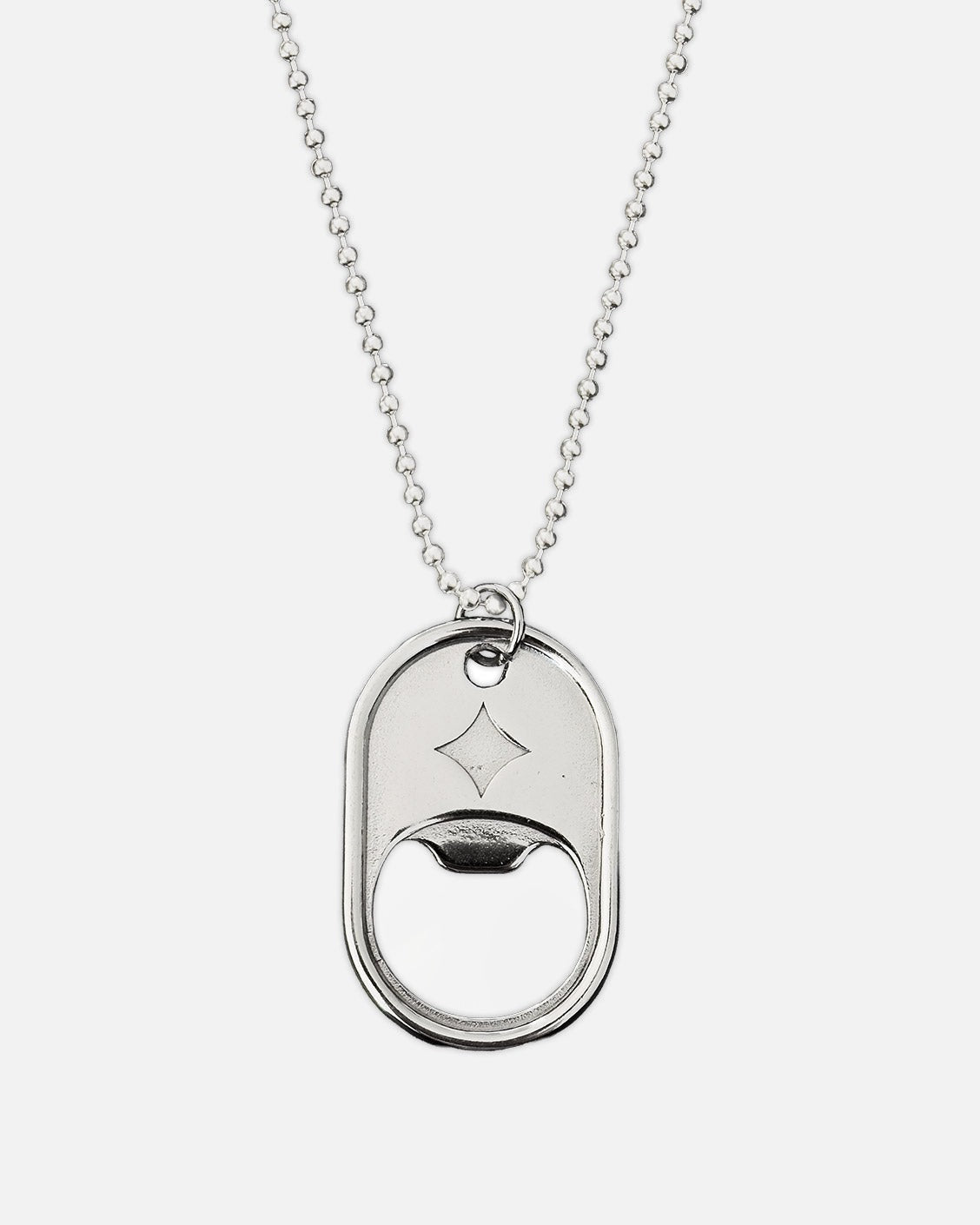 Silver bottle opener necklace with chain on a white background