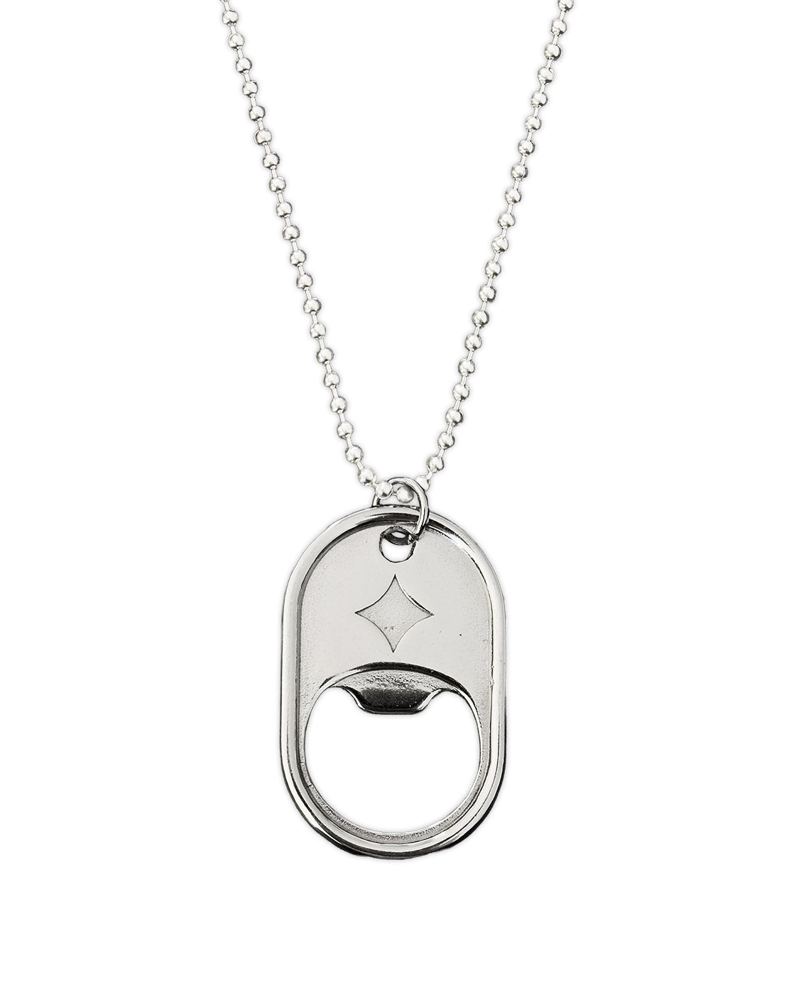 Silver bottle opener necklace with chain on a white background