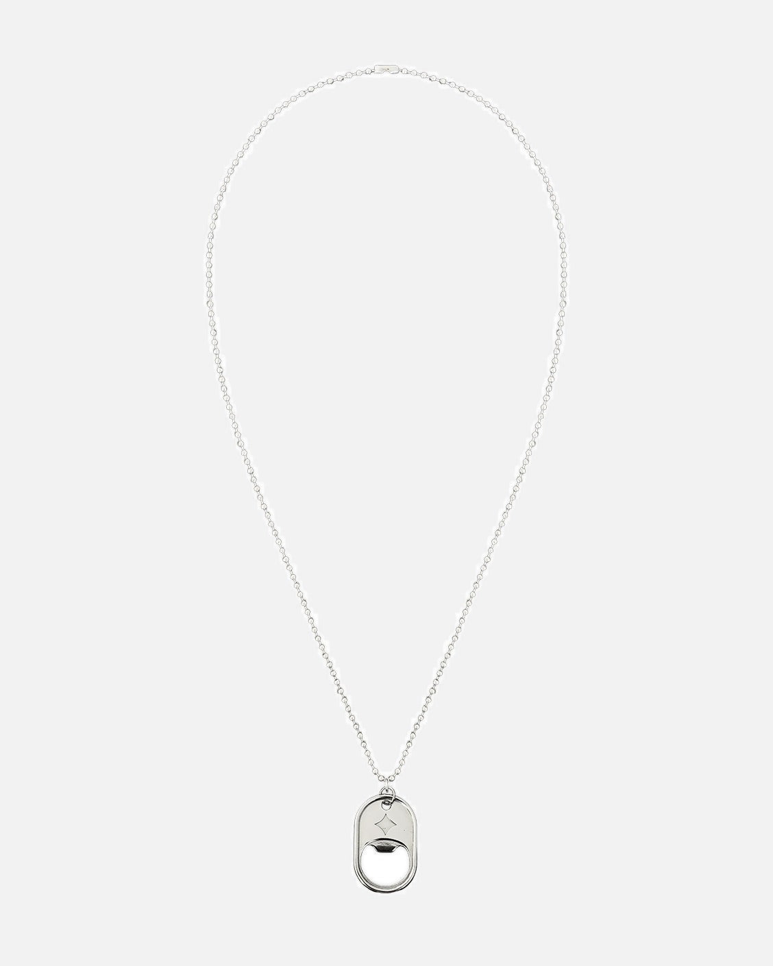 Silver necklace with a unique pendant on a white background