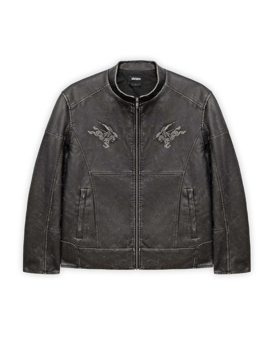 A vintage black vegan leather jacket with zipper closure, zip pockets, and sewing line details. It features a regular cropped fit and has logo stamps on the front.