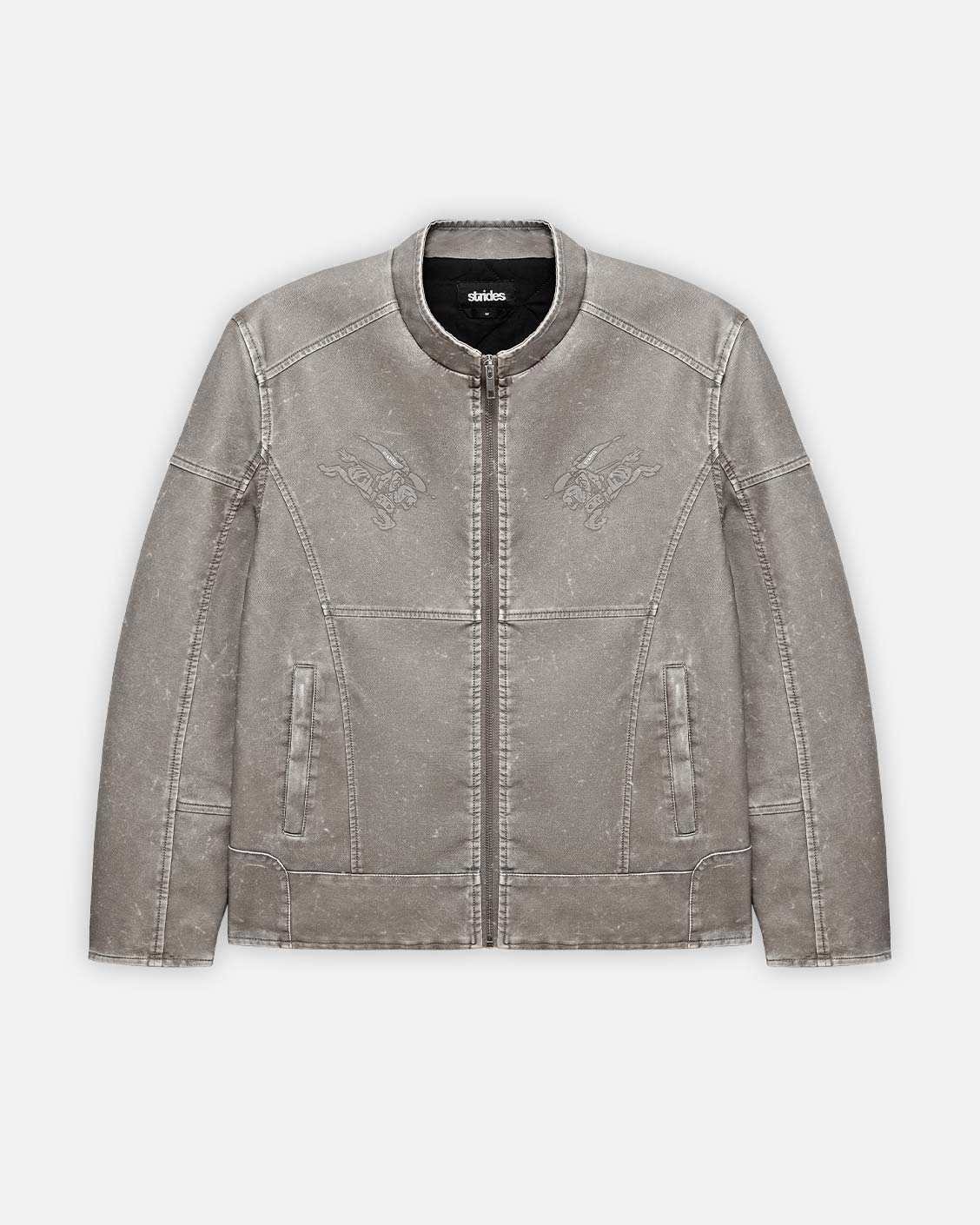 A vintage grey vegan leather jacket with zipper closure and pockets, featuring a regular cropped fit with logo stamp.