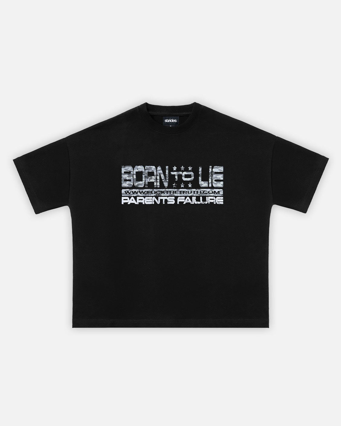Black t-shirt with white text on a white background