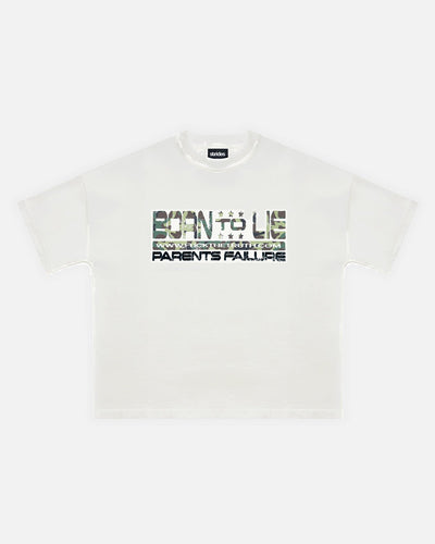 White t-shirt with text design on a white background