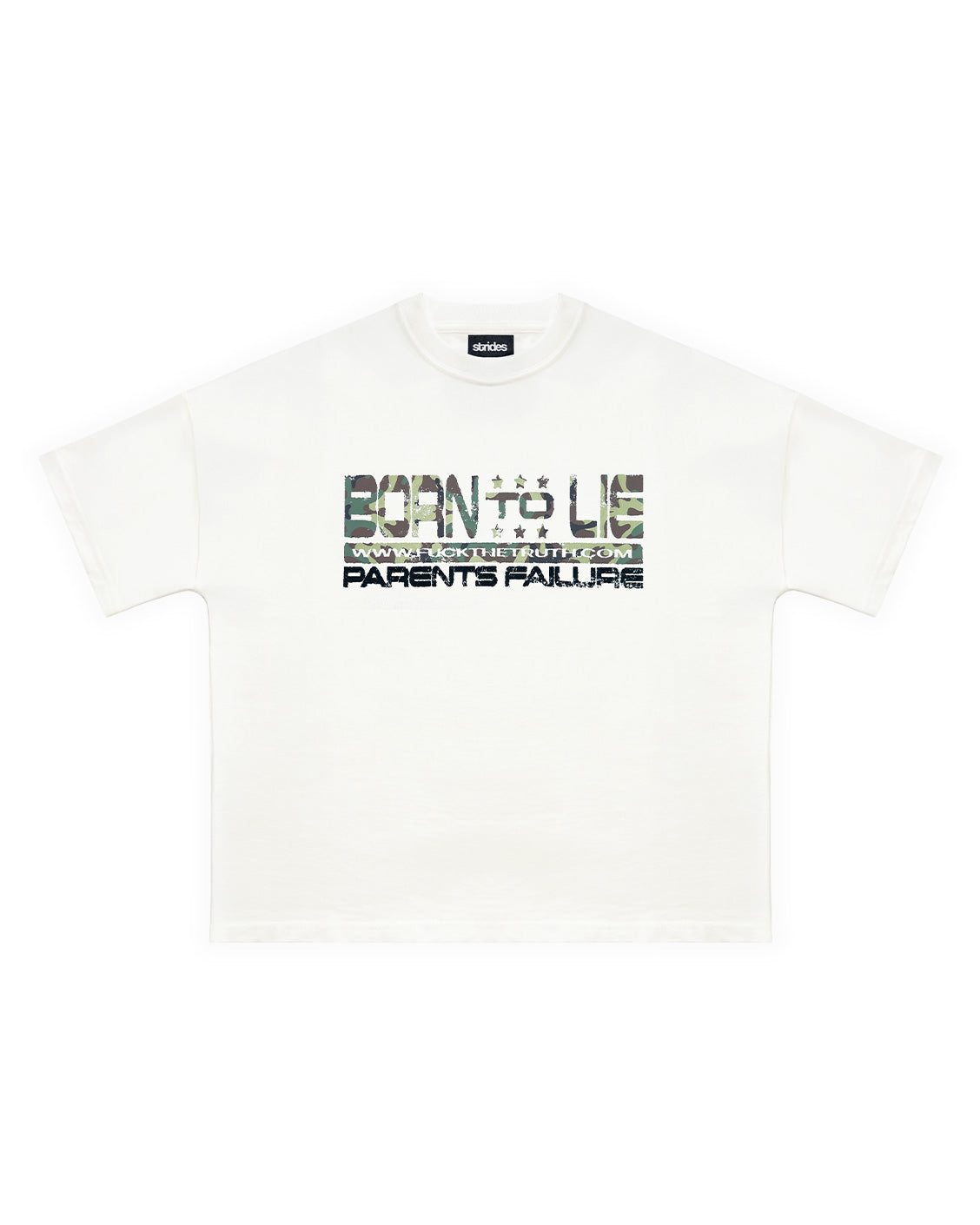 White t-shirt with text design on a white background