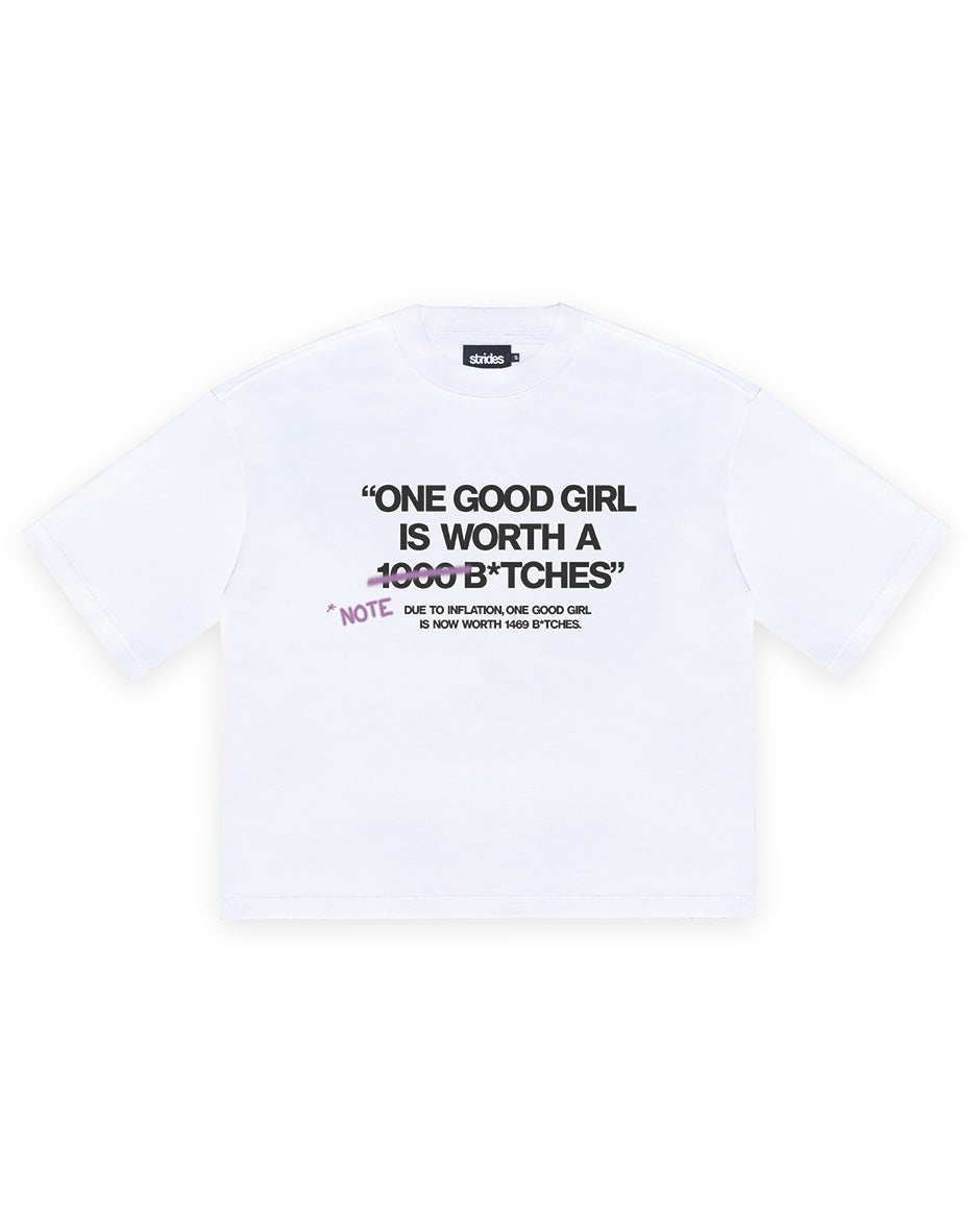 White oversized/cropped boxy cut t-shirt with text print on the front.