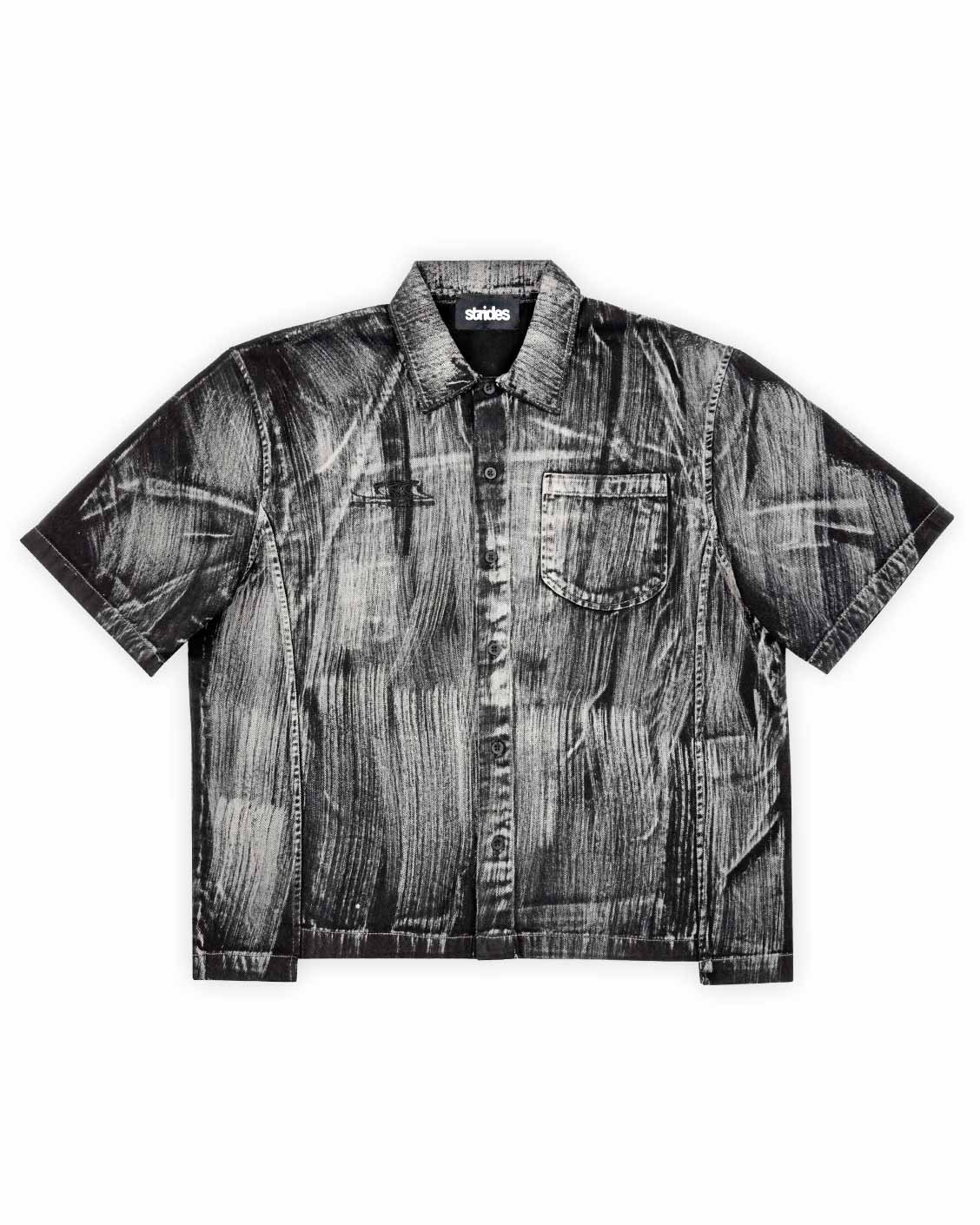 A black, hand brushed effect, short-sleeved cotton shirt with a crew neckline and chest pocket.