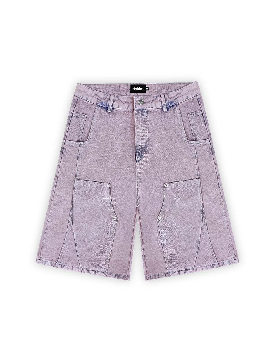 A pair of acid pink carpenter split jorts with a baggy fit, featuring logo leather patches and custom logo buttons.