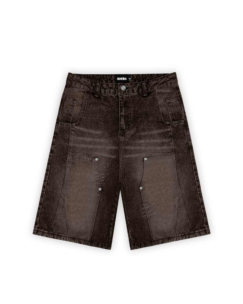 A pair of brown carpenter split jorts with a wide fit, featuring a logo leather patch and custom logo button.