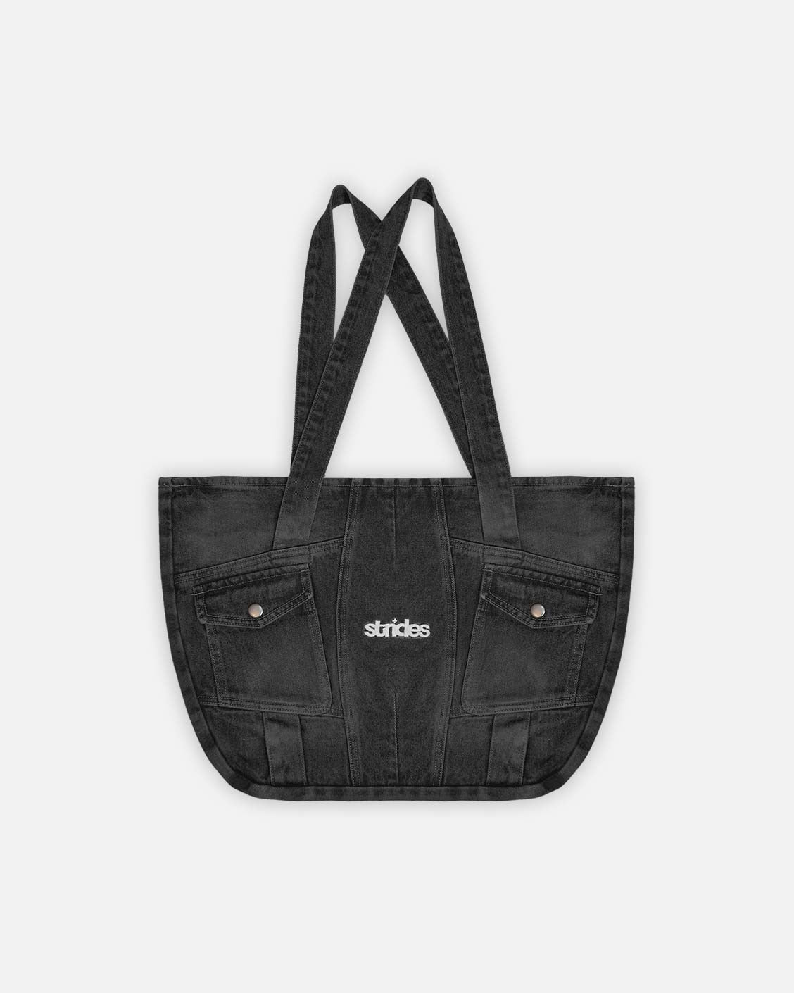 Black light-wash denim bag with Strides JP logo embroidery, stiffened sides and push-button side pockets