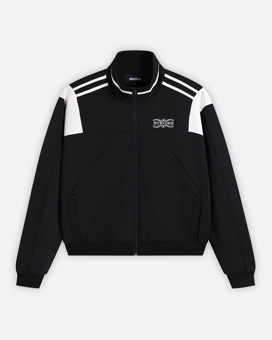 Black jacket with white stripes on sleeves and logo on a white background