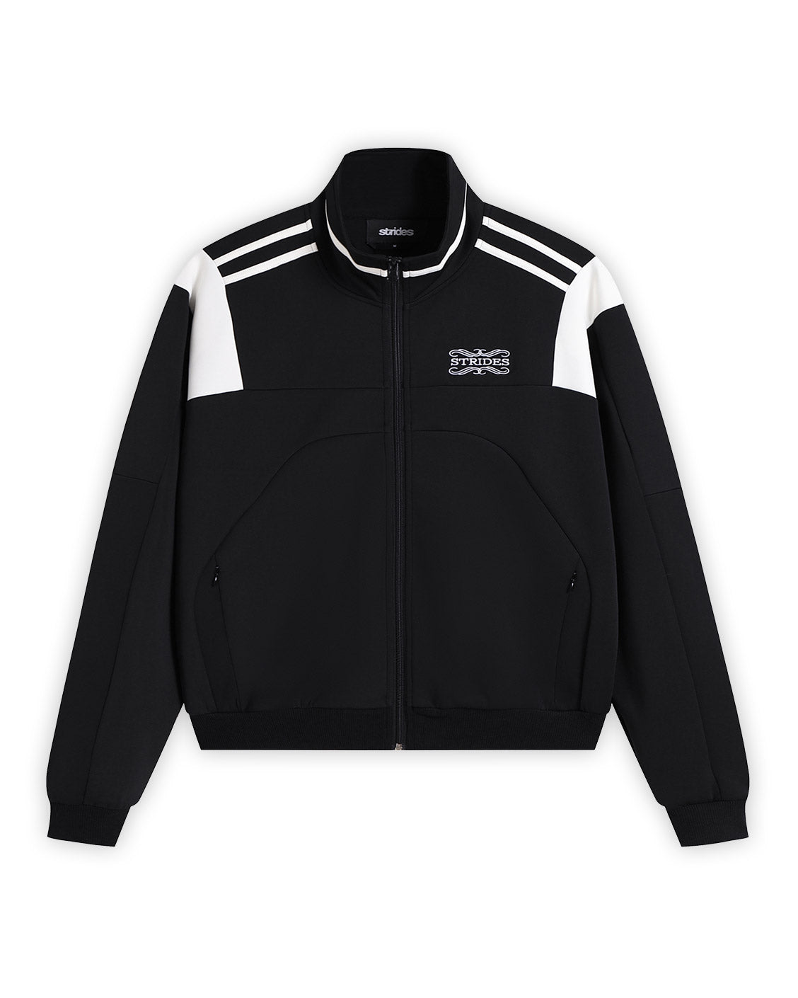 Black jacket with white stripes on sleeves and logo on a white background