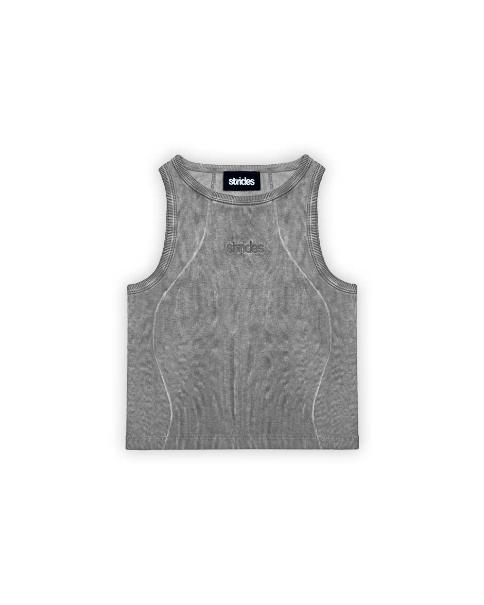 A gray cotton crop top with fine ribb fabric and oil washing, featuring logo embroidery and sewing line details.