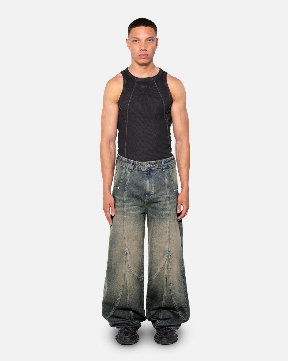Claw Denim Dark Blue Yellow, front view on a light grey background