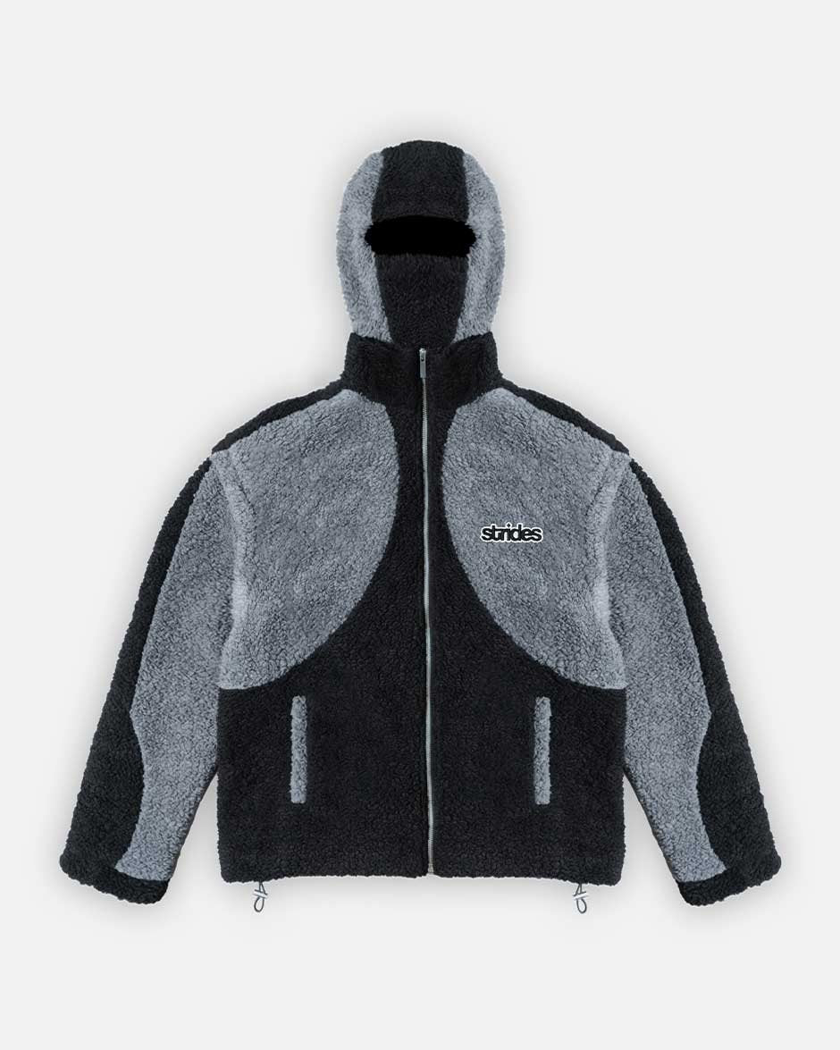 A black and gray fleece jacket with detachable balaclava hood and logo embroidery, featuring drawstrings and a two-tone fleece pattern.