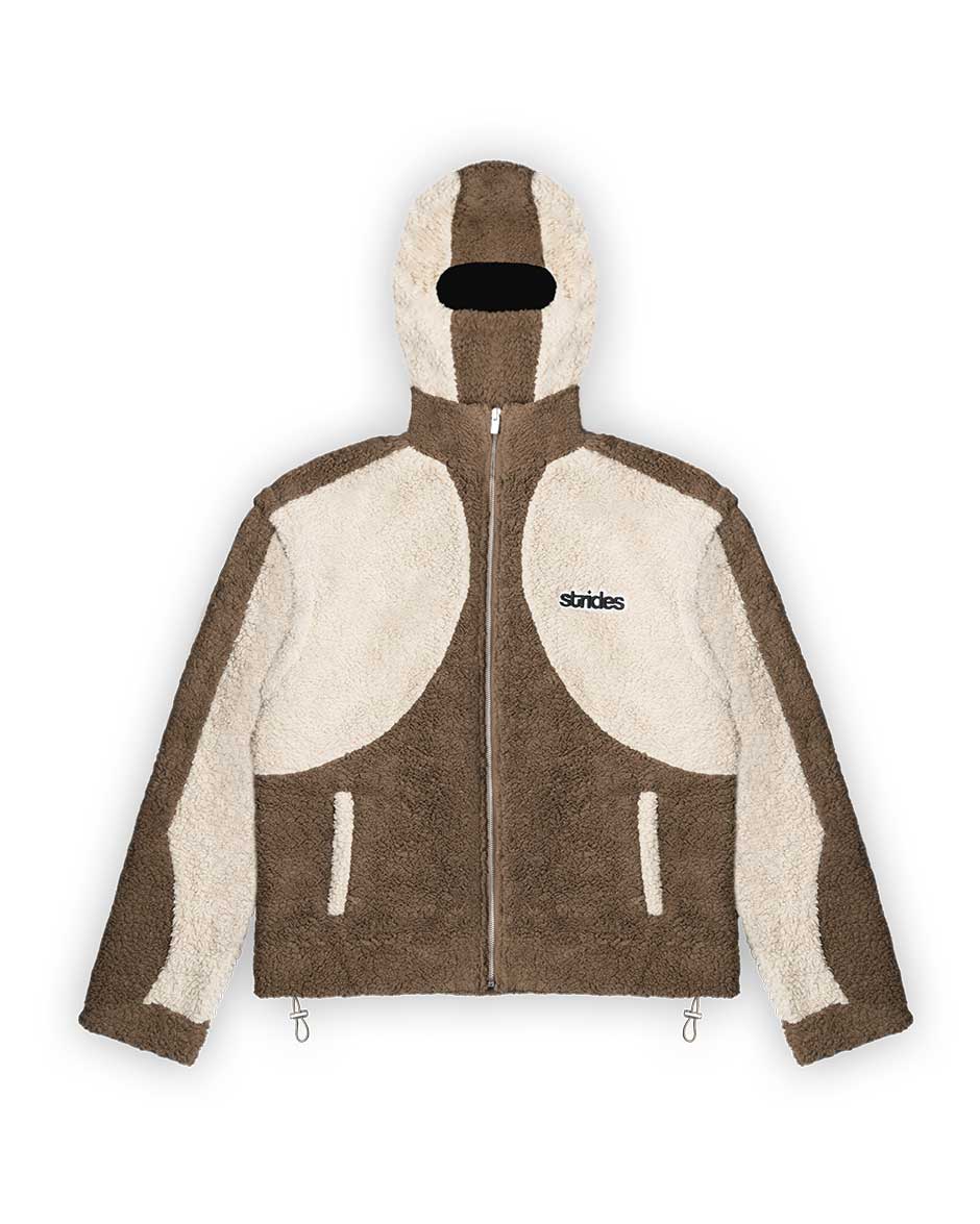 A brown and beige fleece jacket with detachable balaclava hood and logo embroidery, featuring a zipper front and drawstrings.