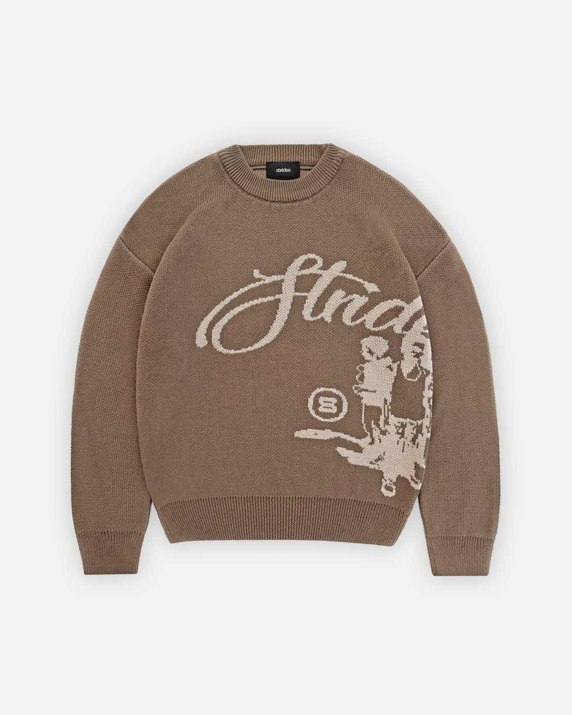Brown sweater with white graphic design on a white background