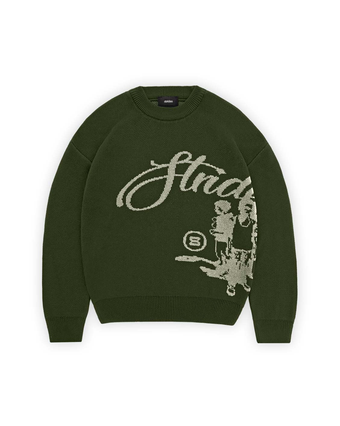 Green sweater with graphic design and text on a white background