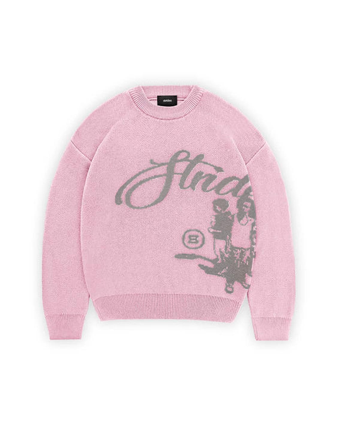 Pink sweater with graphic design on a white background