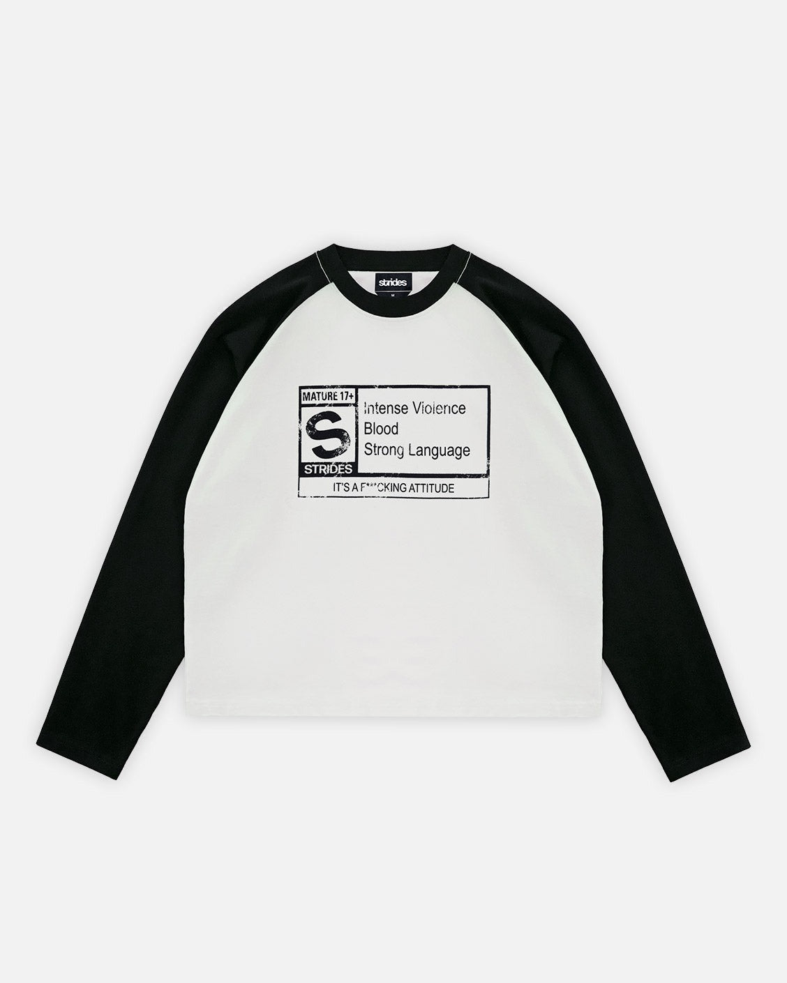 Black and white long-sleeve shirt with a label on a white background