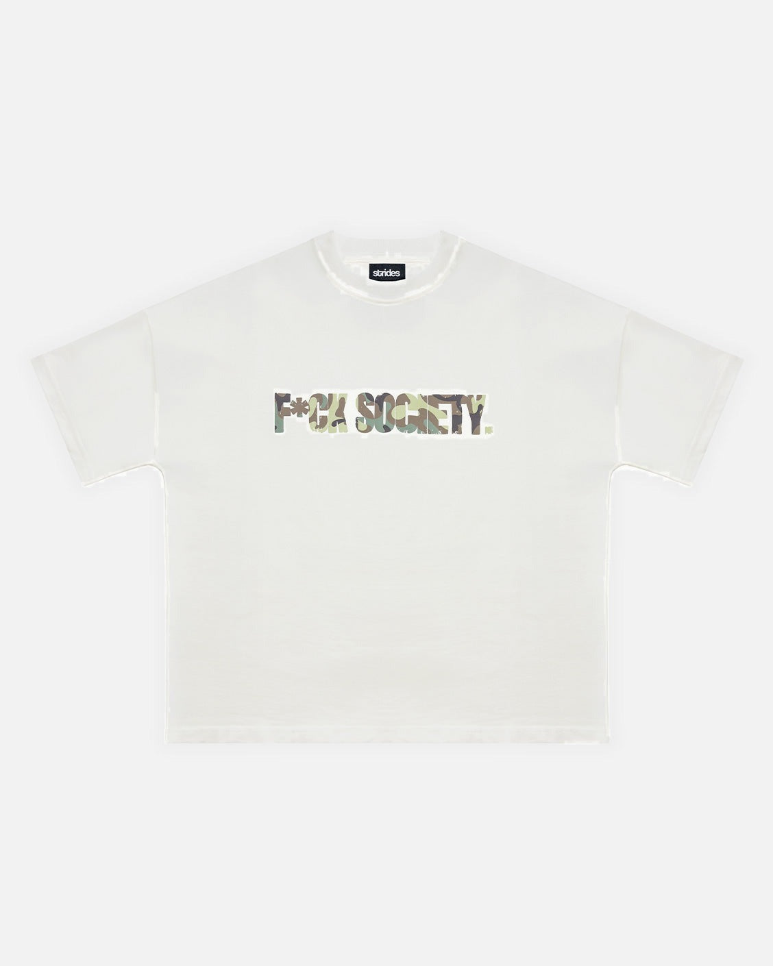 White t-shirt with 'F**K Society' text in camouflage pattern on a white background