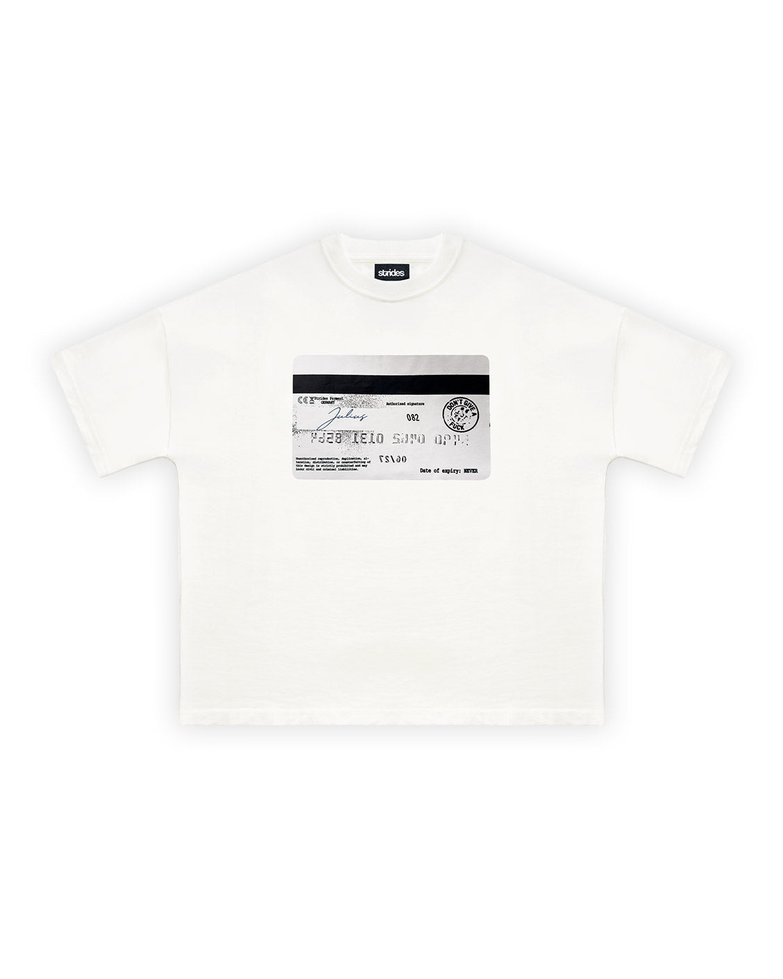 White t-shirt with a graphic design on a white background
