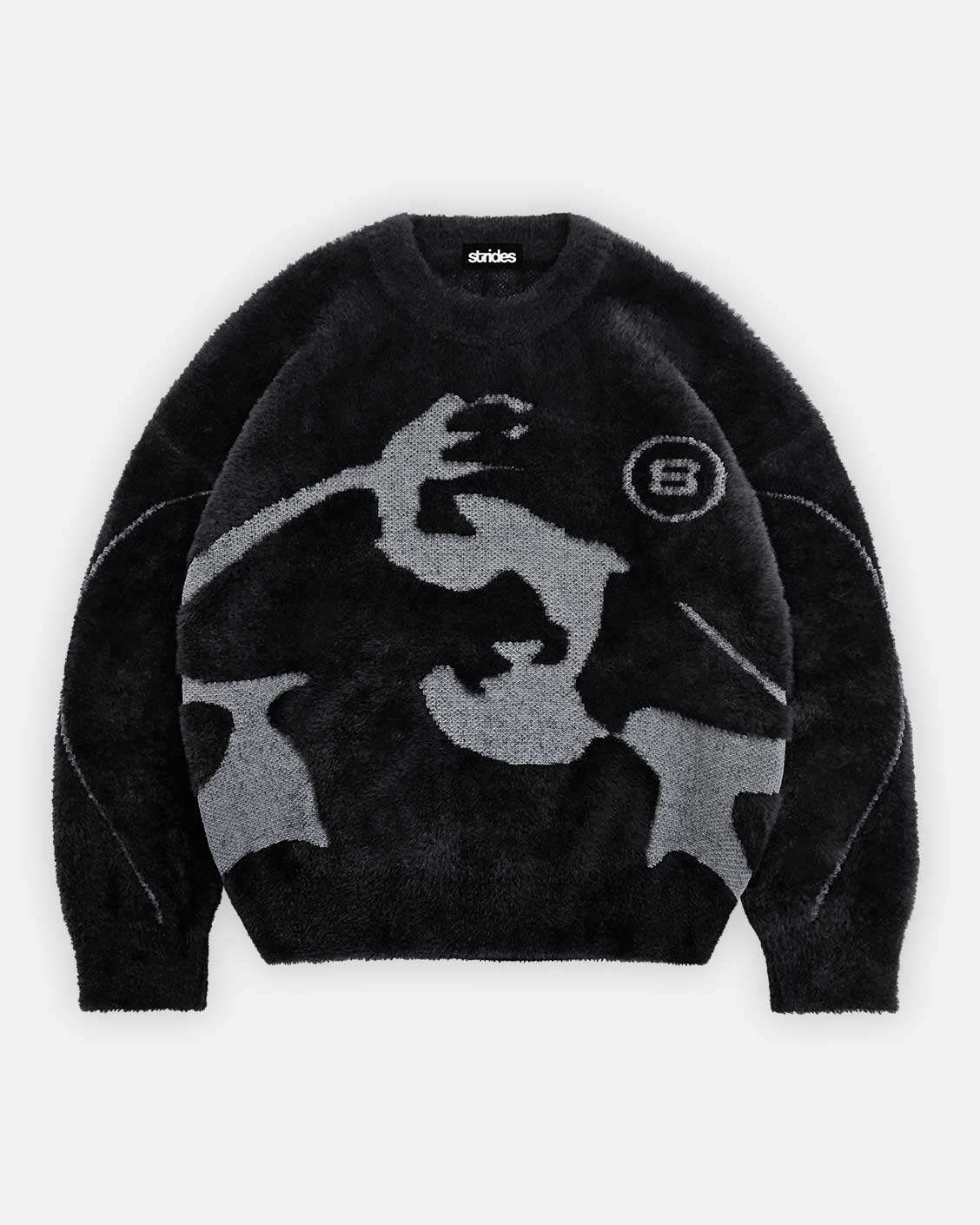 A black and gray mohair sweater with a geometric pattern and a visible brand logo on the chest.