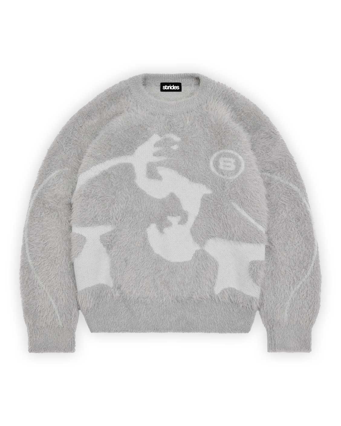 A light grey mohair sweater with a geometric pattern.