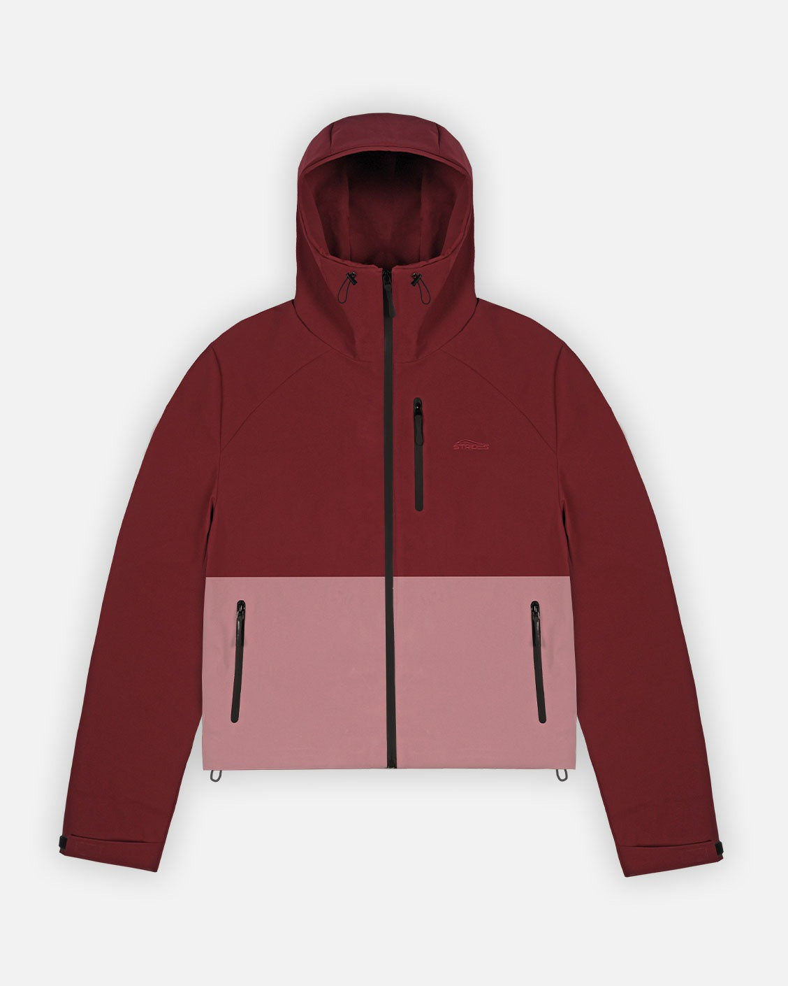 Two-tone Bordeaux and light pink jacket with a hood on a white background