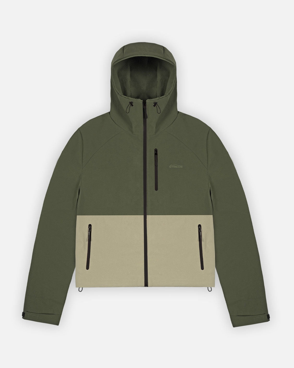 Two-tone green and light green jacket with a hood on a white background