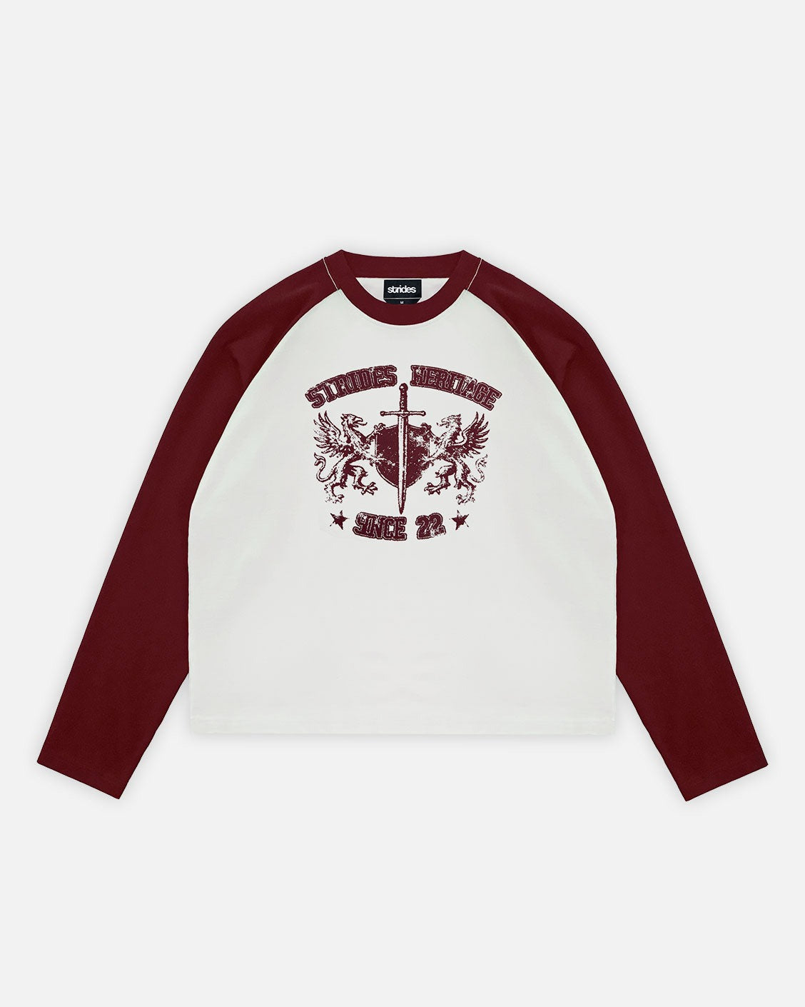 Baseball shirt with red sleeves and graphic design on a white background