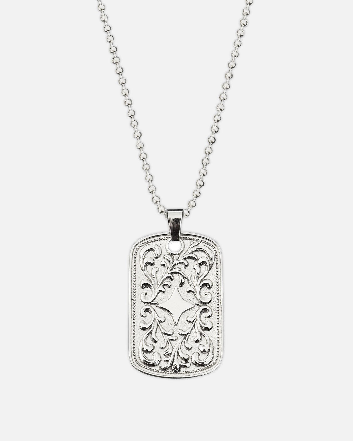 Silver necklace with a detailed pendant on a white background