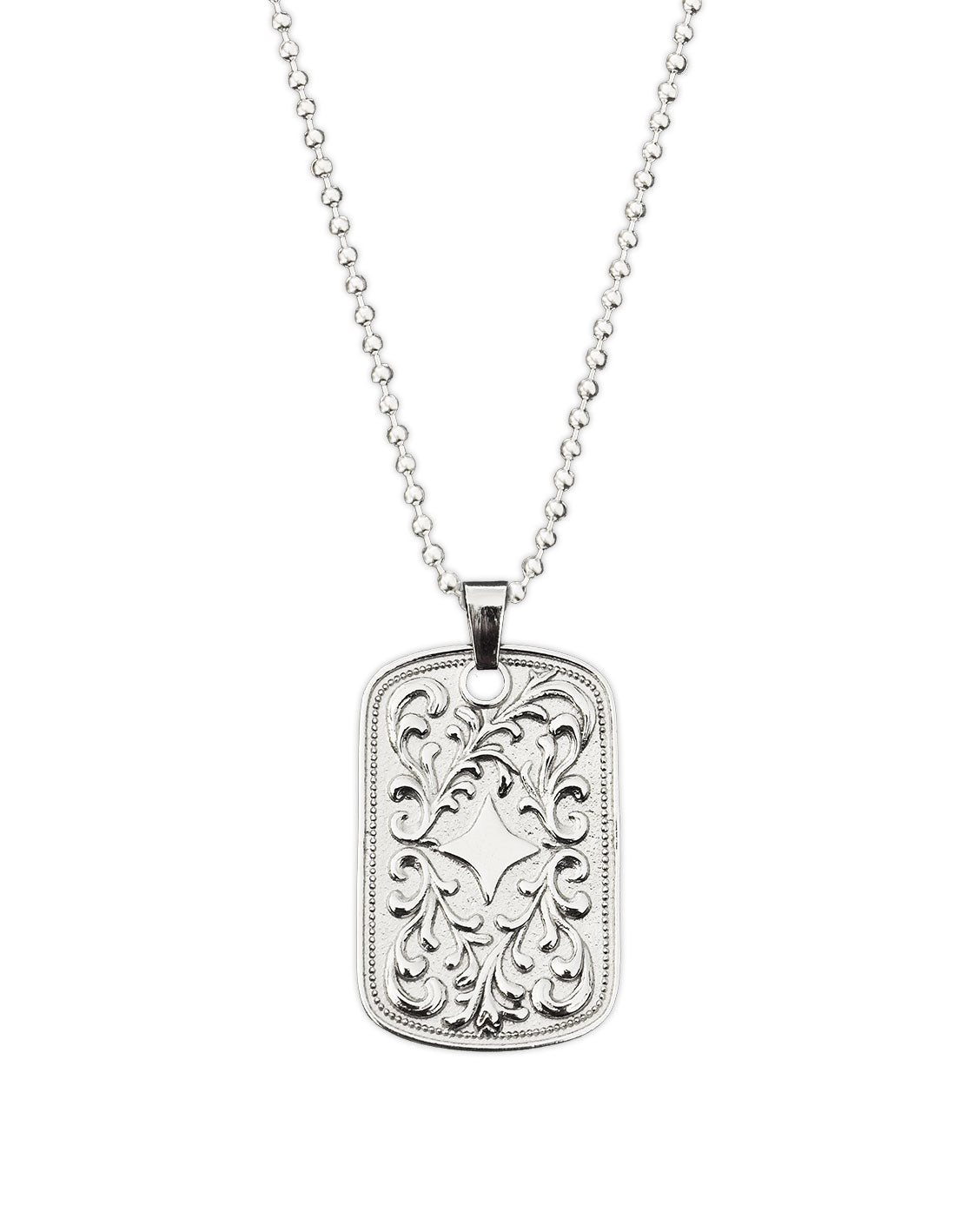 Silver necklace with a detailed pendant on a white background
