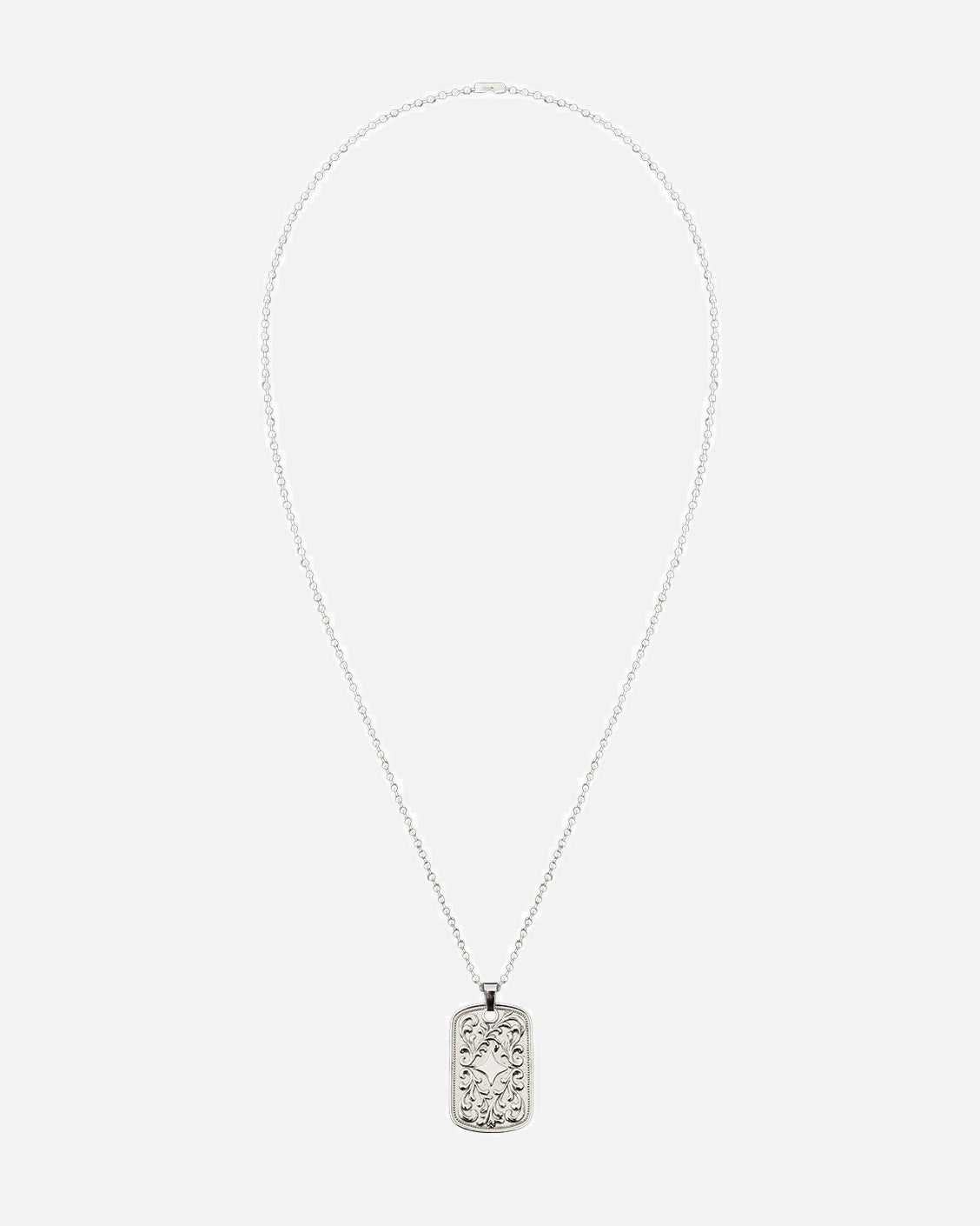 Silver necklace with a rectangular pendant on a white background