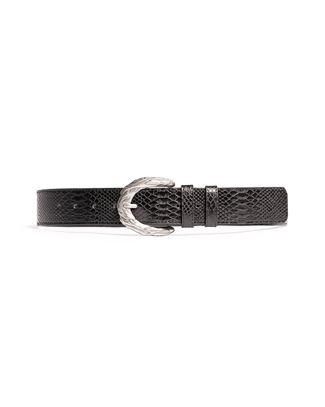 Black Snake print belt with a silver buckle on a white background