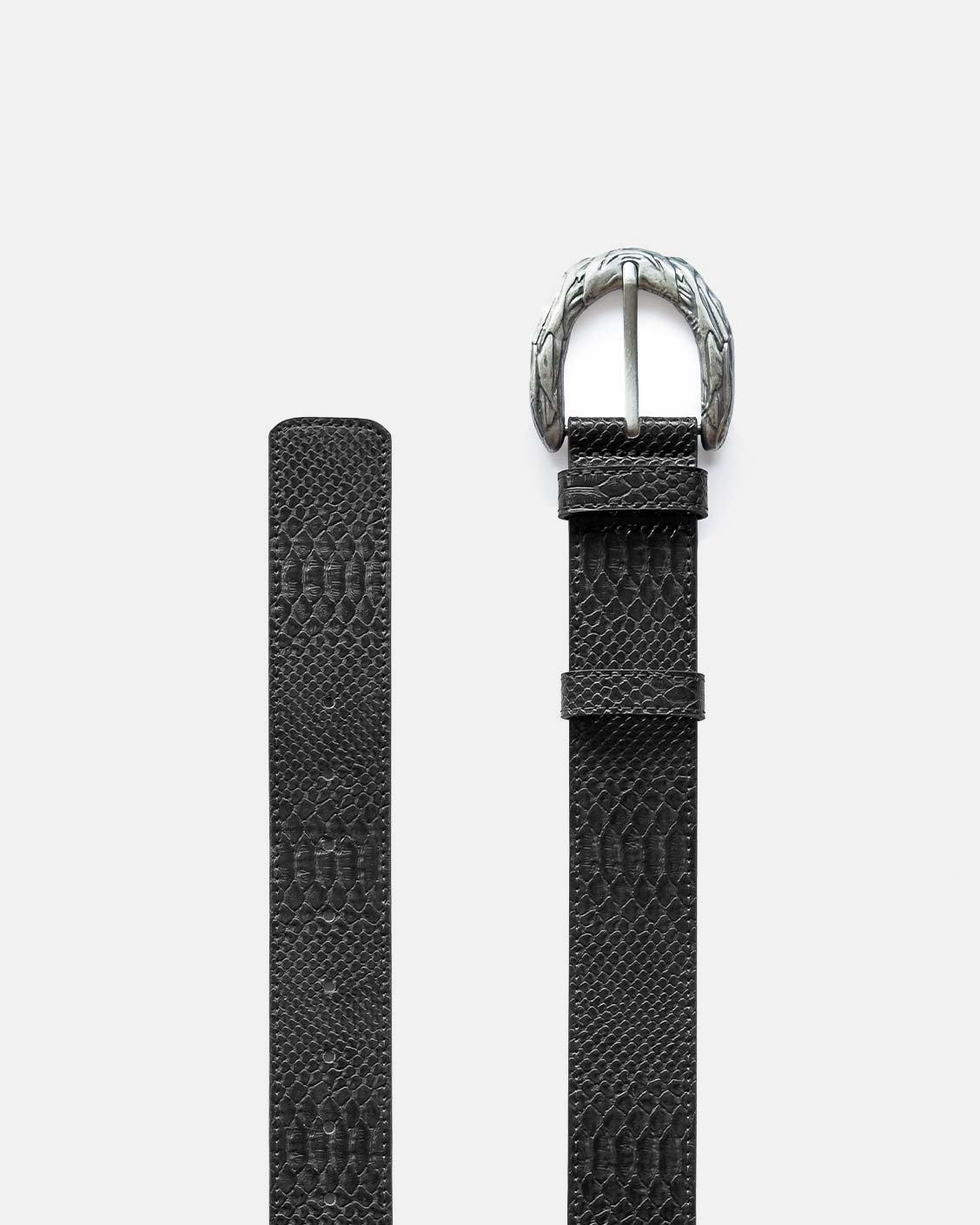 Black textured belt with a silver buckle on a white background