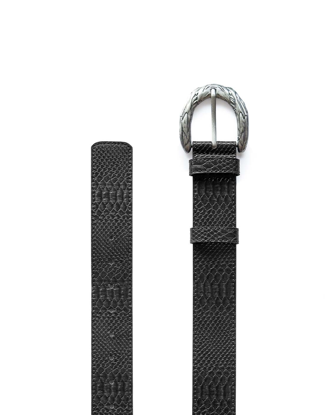 Black textured belt with a silver buckle on a white background