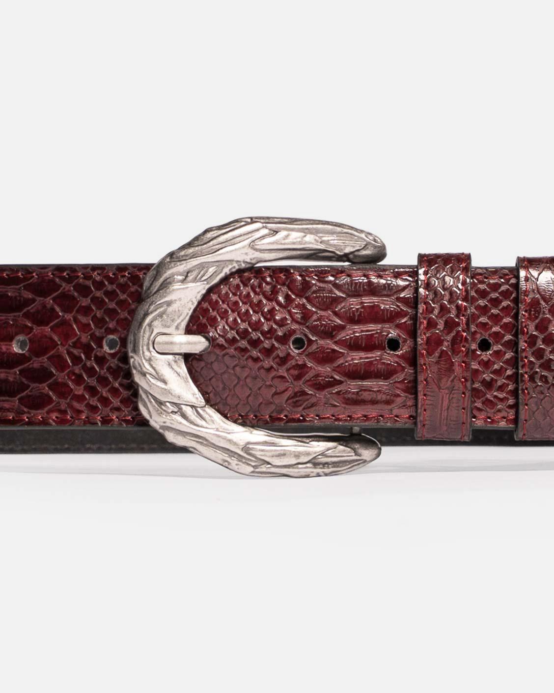 close up shot of bordeaux snake belt