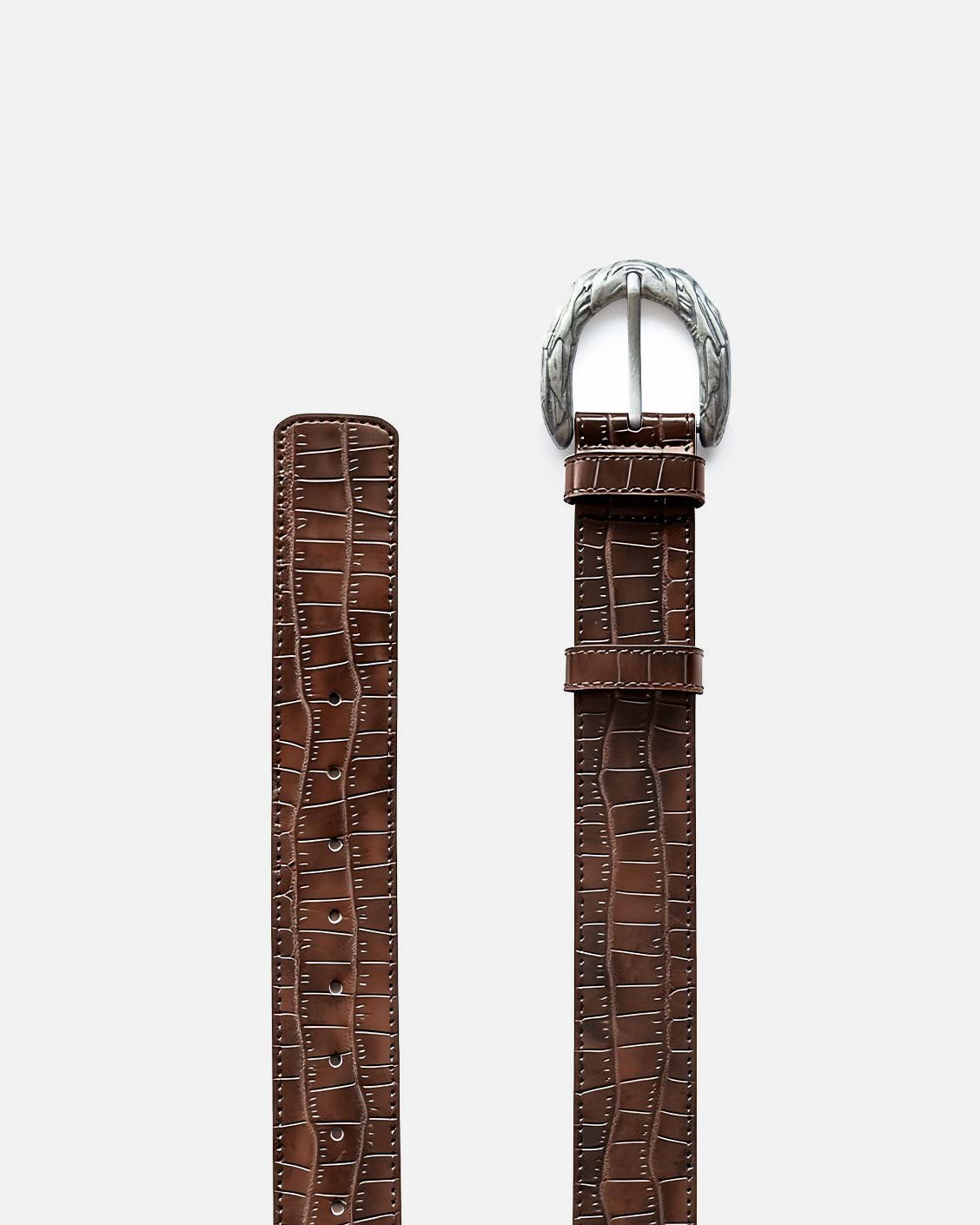 Brown leather belt with silver buckle on a white background
