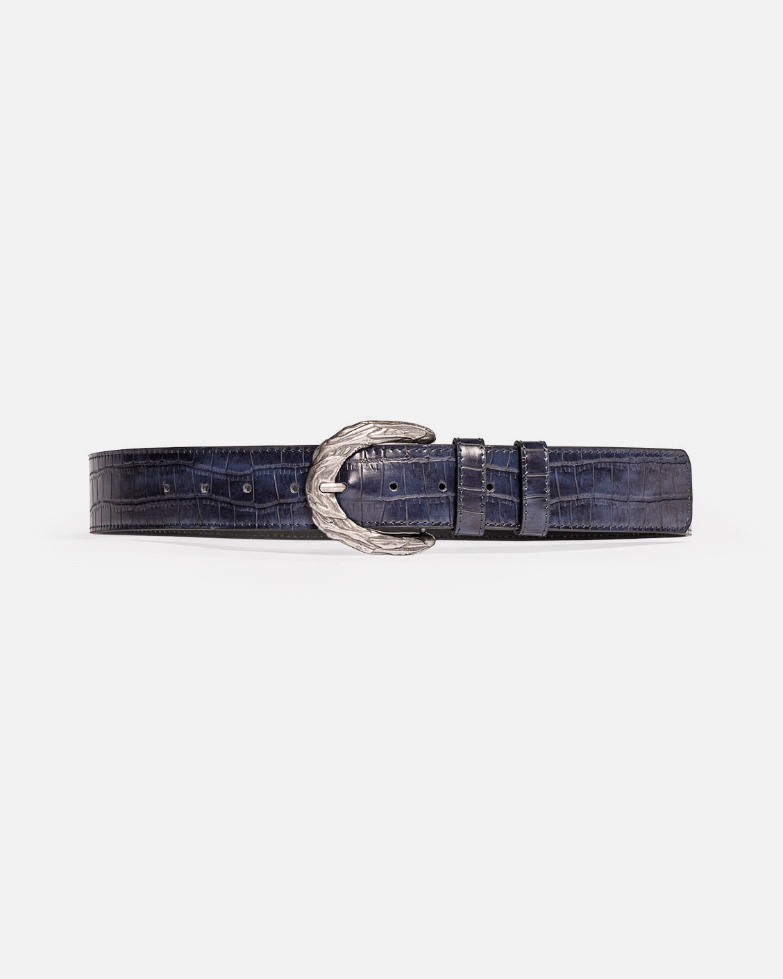 Navy blue belt with silver buckle on a white background