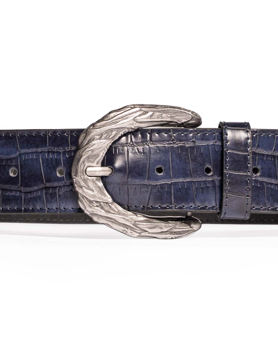 Blue crocodile skin belt with a silver buckle on a white background