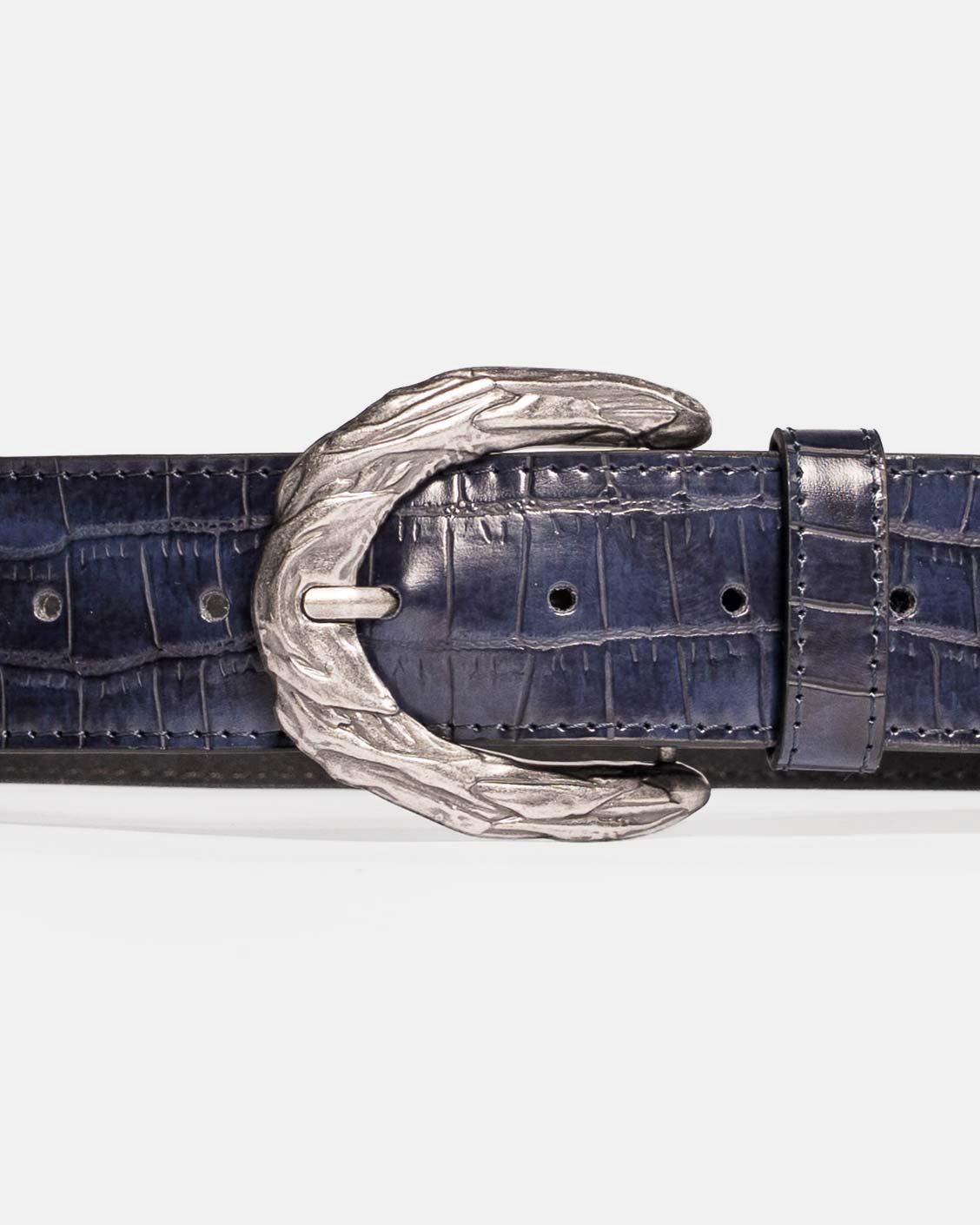 Blue crocodile skin belt with a silver buckle on a white background