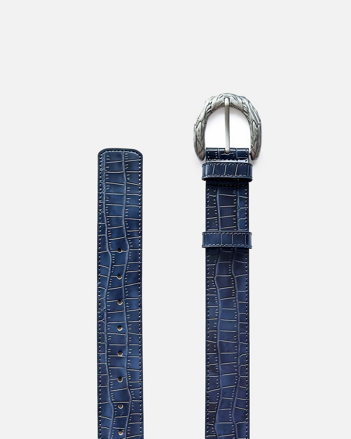 Blue textured belt with silver buckle on a white background
