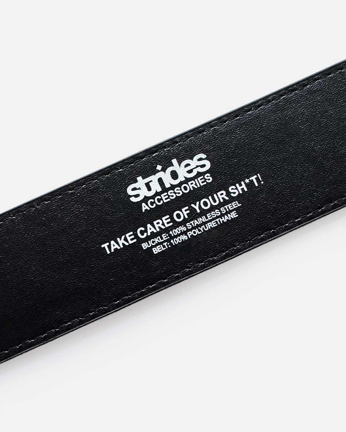Black belt with white text on a white background