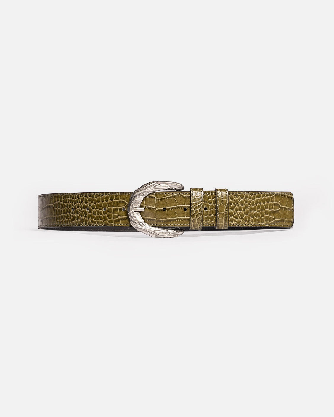 Olive Snake print belt with a silver buckle on a white background