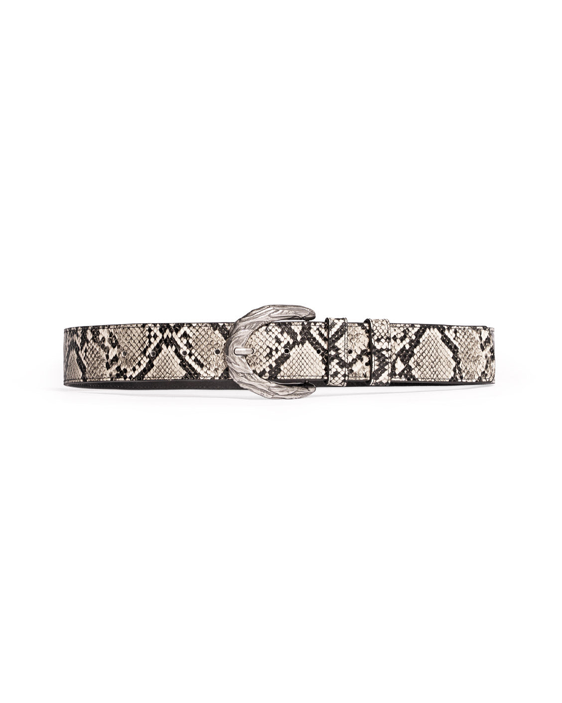 Snake print belt with a silver buckle on a white background