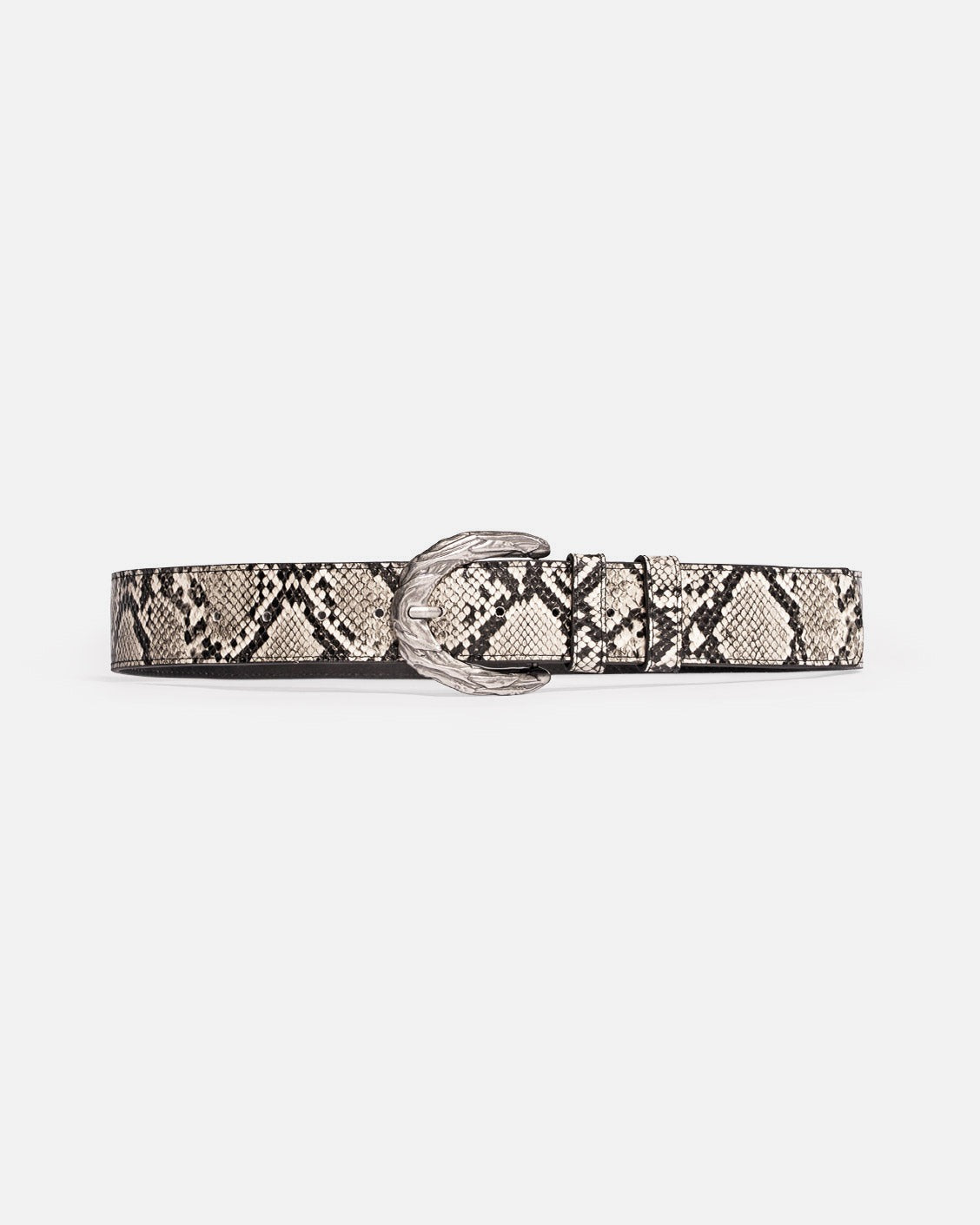 Snake print belt with a silver buckle on a white background