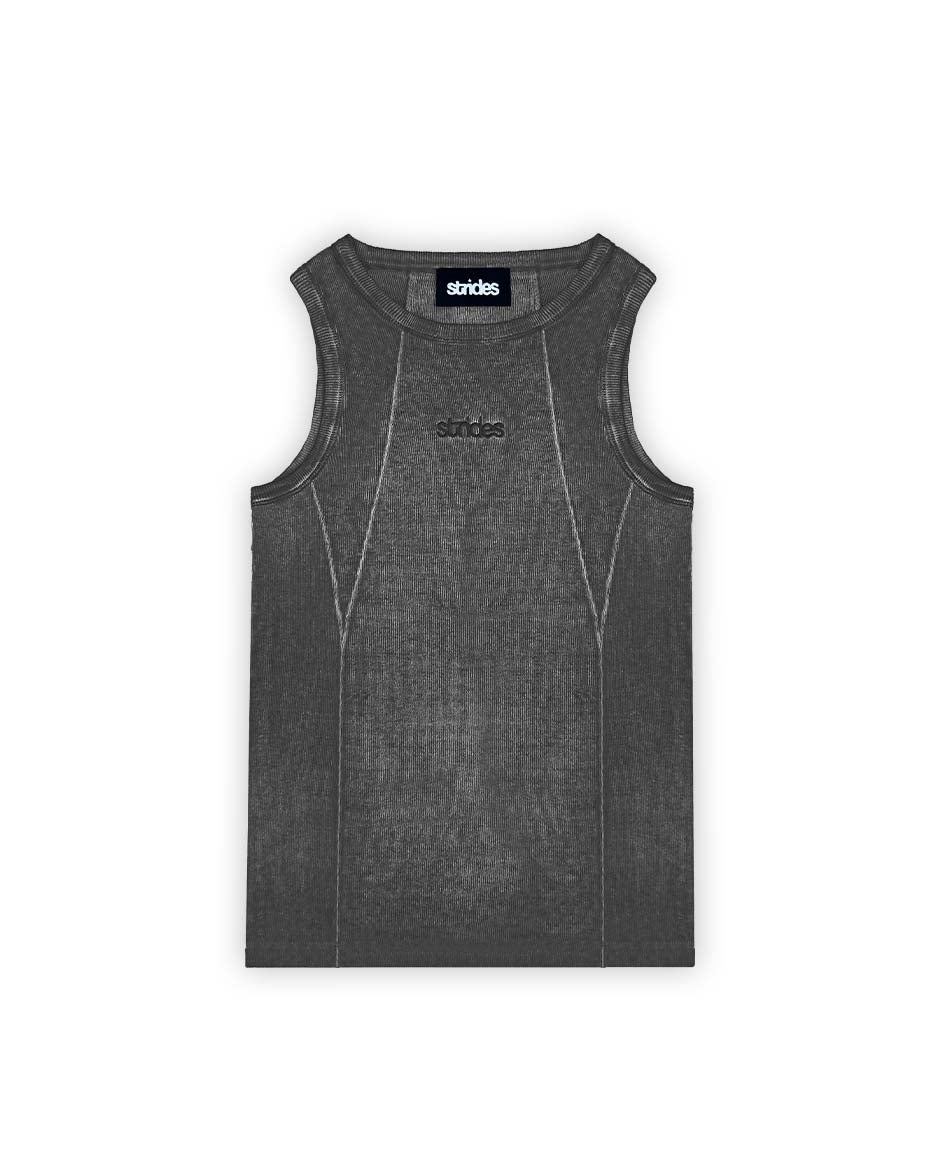 A gray line tank top with oil wash effect, featuring a fine ribb fabric and logo embroidery on the chest.