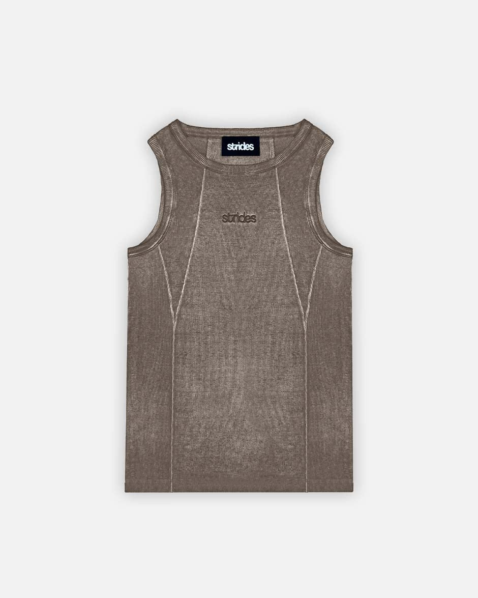 A brown sleeveless tank top with logo embroidery and sewing line details.