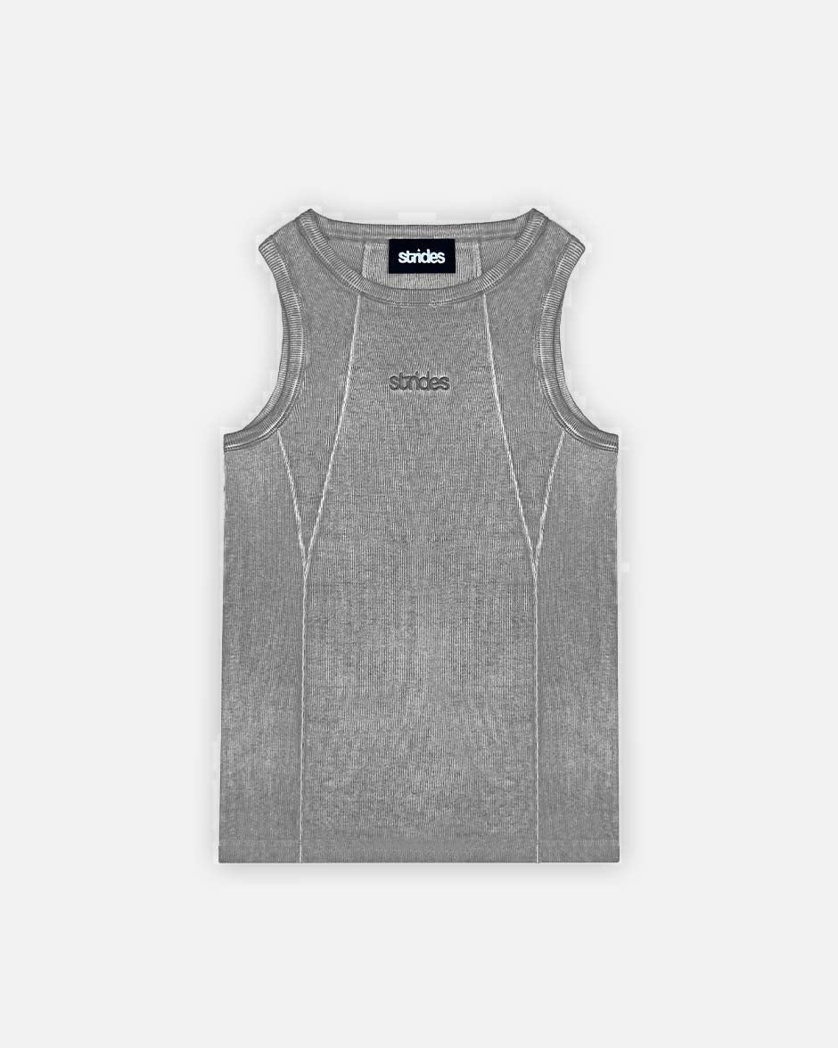 Unisex grey tank top with logo embroidery and oil washing, showing a fine ribb fabric and sewing line details.